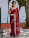 Wine Red Pure Handloom Cotton Saree with Silver Border & Tassel Detailing