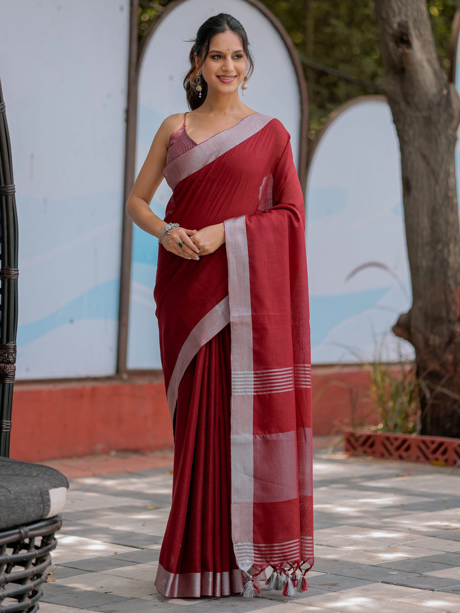 Wine Red Pure Handloom Cotton Saree with Silver Border & Tassel Detailing