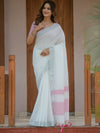 Pure White & Blush Pink Handloom Cotton Saree with Minimal Striped Border & Tassel Detailing