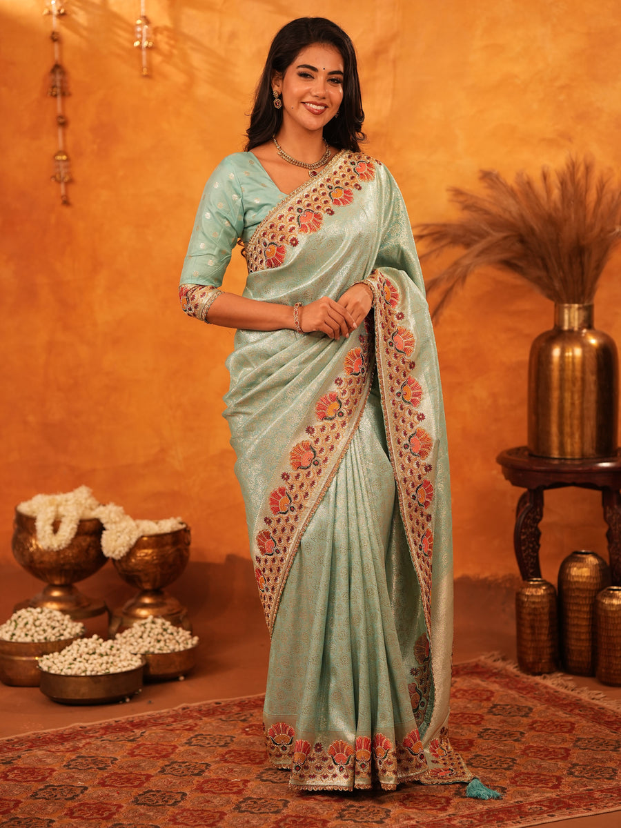 Mint Green Banarasi Silk Saree with Peacock Floral Embroidered Border & Zari Weaving | Festive & Wedding Wear Designer Saree