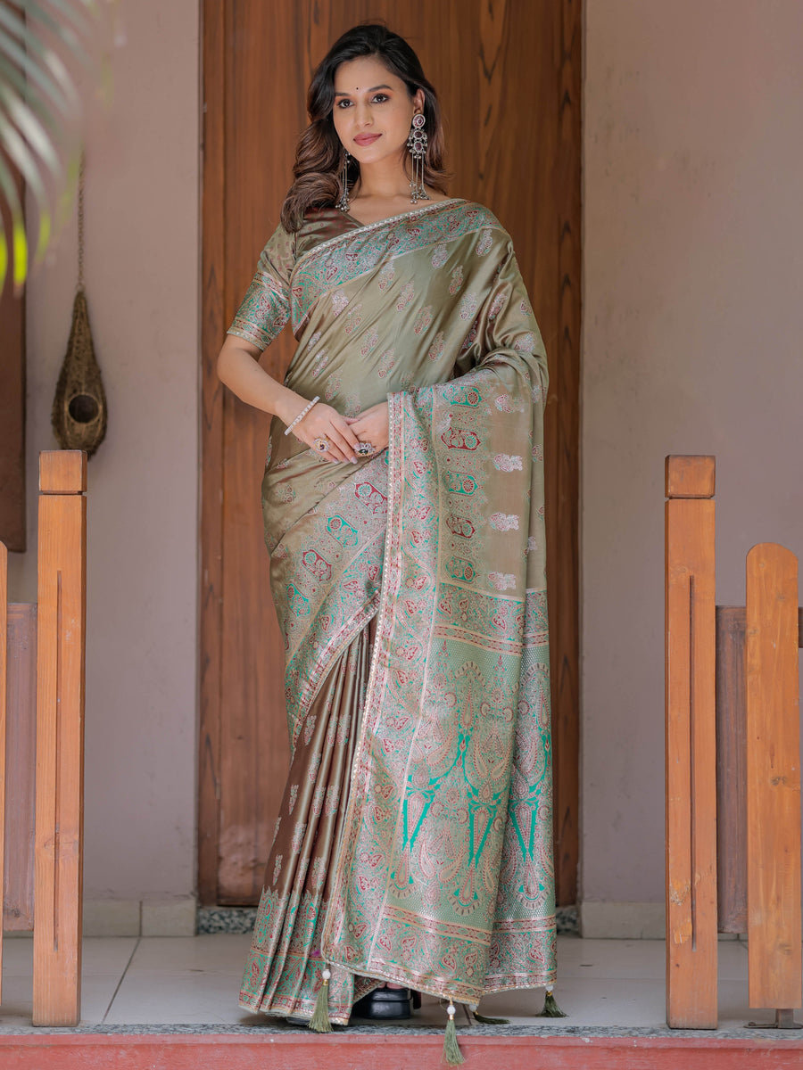 Olive Gold Banarasi Silk Saree with Intricate Paisley Zari Weaving & Tassel Detailing