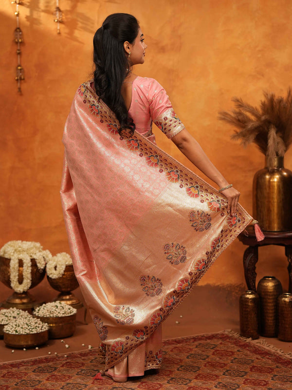 Soft Peach Pink Banarasi Silk Saree with Multicolor Peacock Floral Embroidered Border & Zari Weaving | Festive Wedding Wear Saree