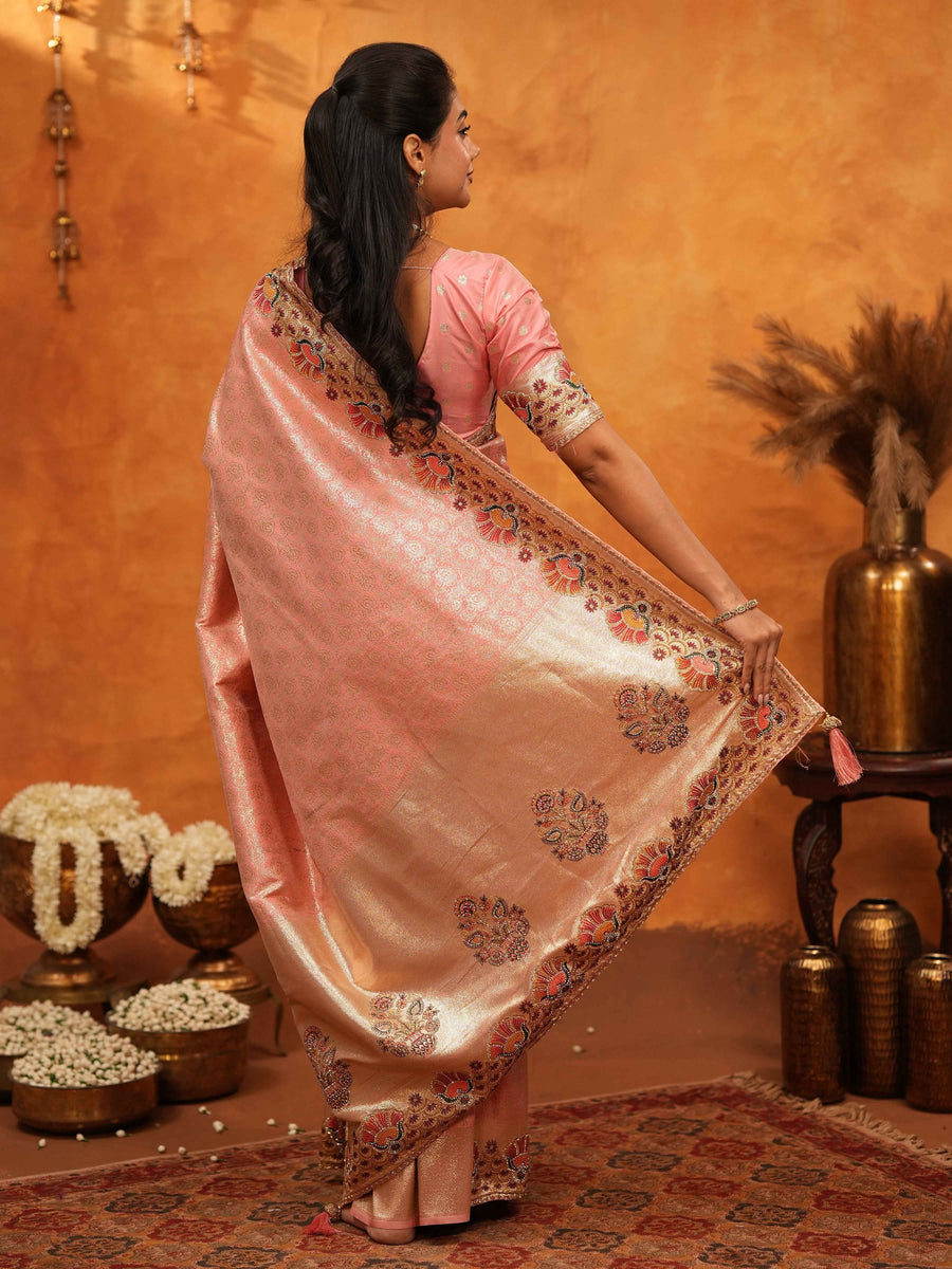 Soft Peach Pink Banarasi Silk Saree with Multicolor Peacock Floral Embroidered Border & Zari Weaving | Festive Wedding Wear Saree