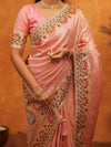 Soft Peach Pink Banarasi Silk Saree with Multicolor Peacock Floral Embroidered Border & Zari Weaving | Festive Wedding Wear Saree
