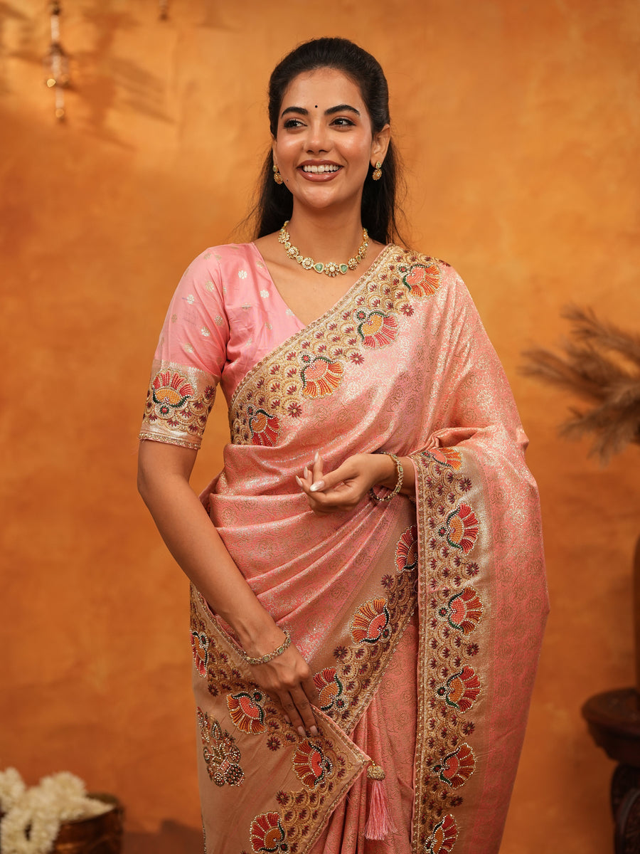 Soft Peach Pink Banarasi Silk Saree with Multicolor Peacock Floral Embroidered Border & Zari Weaving | Festive Wedding Wear Saree