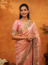 Soft Peach Pink Banarasi Silk Saree with Multicolor Peacock Floral Embroidered Border & Zari Weaving | Festive Wedding Wear Saree