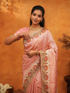Soft Peach Pink Banarasi Silk Saree with Multicolor Peacock Floral Embroidered Border & Zari Weaving | Festive Wedding Wear Saree