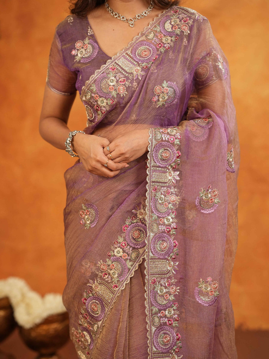 Lavender Mauve Fendy Satin Embroidered Saree with Multicolor Floral Border & Tassels | Premium Designer Saree with Heavy Embroidered Blouse