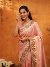 Soft Peach Pink Banarasi Silk Saree with Multicolor Peacock Floral Embroidered Border & Zari Weaving | Festive Wedding Wear Saree