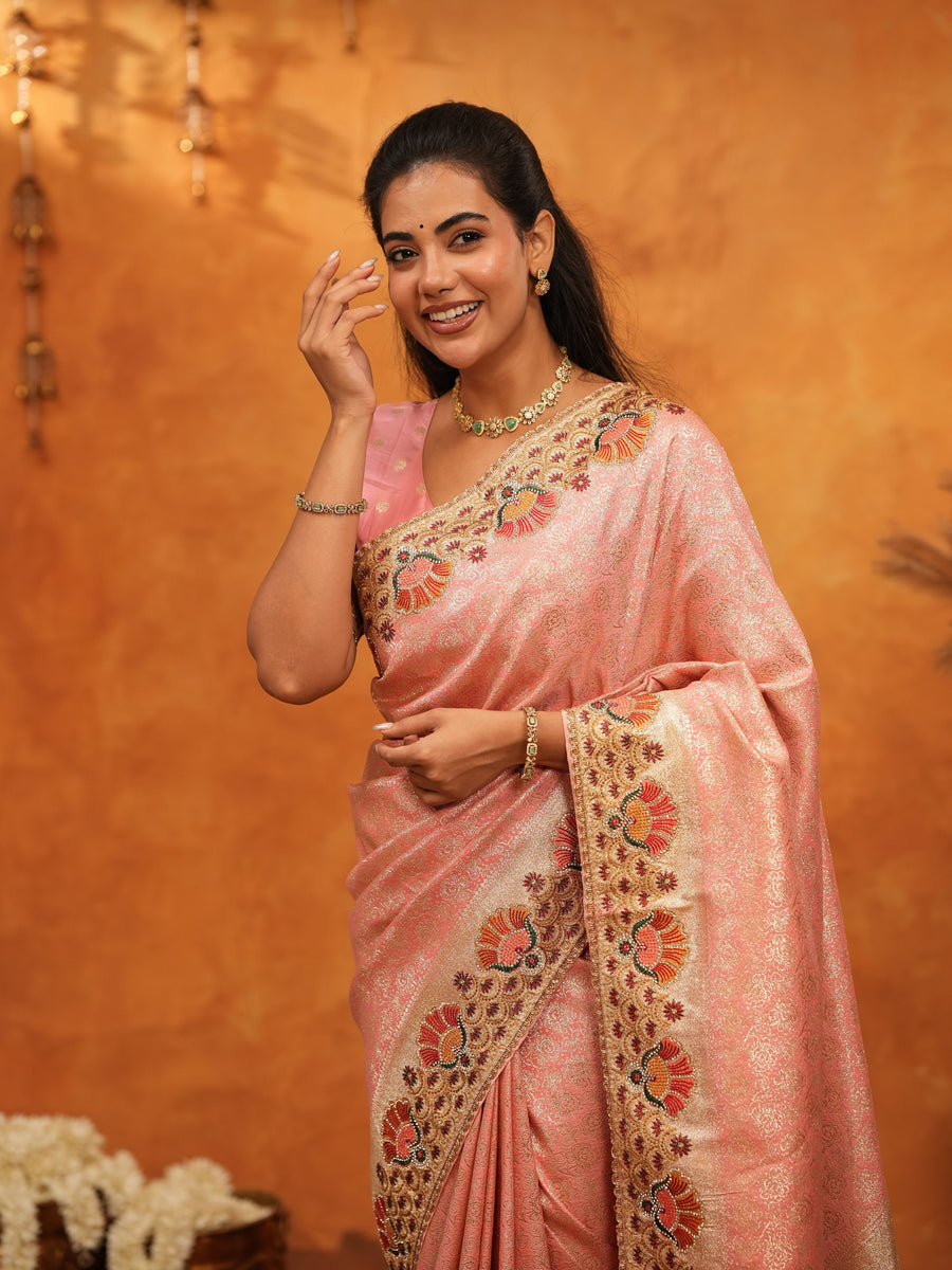 Soft Peach Pink Banarasi Silk Saree with Multicolor Peacock Floral Embroidered Border & Zari Weaving | Festive Wedding Wear Saree