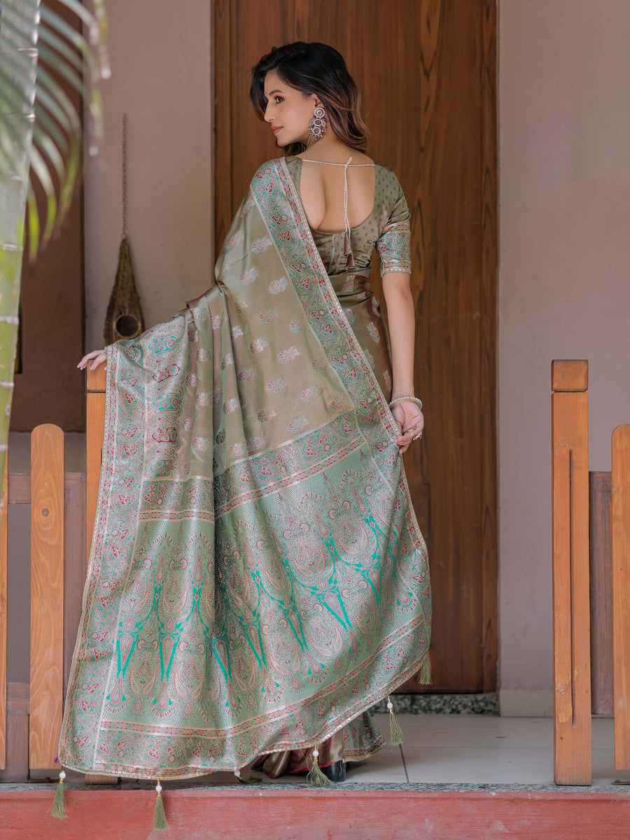 Olive Gold Banarasi Silk Saree with Intricate Paisley Zari Weaving & Tassel Detailing
