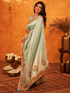 Mint Green Banarasi Silk Saree with Peacock Floral Embroidered Border & Zari Weaving | Festive & Wedding Wear Designer Saree