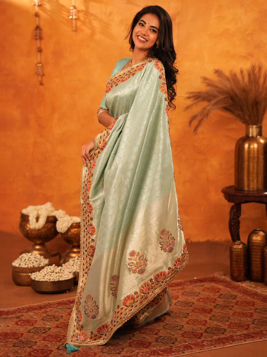 Mint Green Banarasi Silk Saree with Peacock Floral Embroidered Border & Zari Weaving | Festive & Wedding Wear Designer Saree
