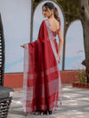 Wine Red Pure Handloom Cotton Saree with Silver Border & Tassel Detailing