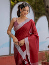 Wine Red Pure Handloom Cotton Saree with Silver Border & Tassel Detailing
