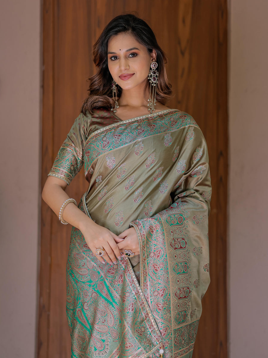 Olive Gold Banarasi Silk Saree with Intricate Paisley Zari Weaving & Tassel Detailing
