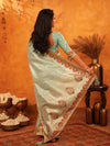Mint Green Banarasi Silk Saree with Peacock Floral Embroidered Border & Zari Weaving | Festive & Wedding Wear Designer Saree