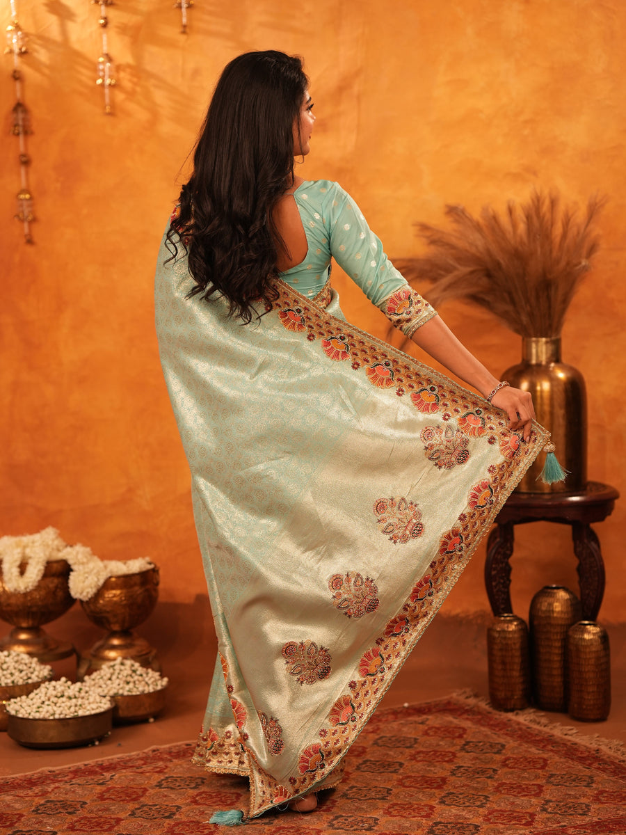 Mint Green Banarasi Silk Saree with Peacock Floral Embroidered Border & Zari Weaving | Festive & Wedding Wear Designer Saree