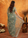 Teal Green Fendy Satin Embroidered Saree with Multicolor Floral Border & Tassels | Premium Designer Saree with Heavy Embroidered Blouse