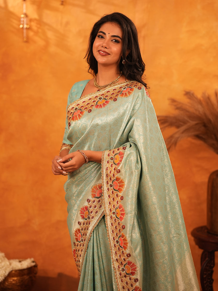 Mint Green Banarasi Silk Saree with Peacock Floral Embroidered Border & Zari Weaving | Festive & Wedding Wear Designer Saree