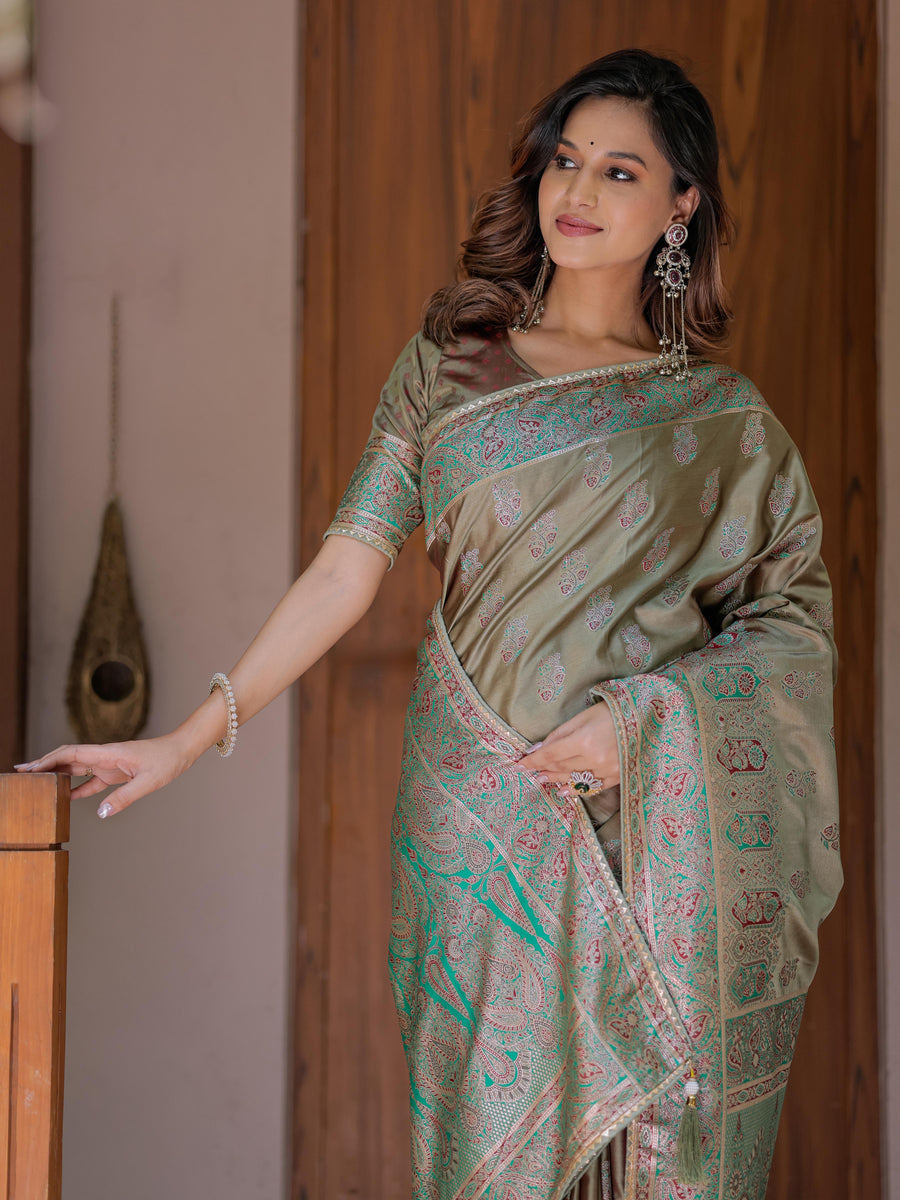 Olive Gold Banarasi Silk Saree with Intricate Paisley Zari Weaving & Tassel Detailing