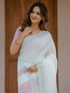 Pure White & Blush Pink Handloom Cotton Saree with Minimal Striped Border & Tassel Detailing