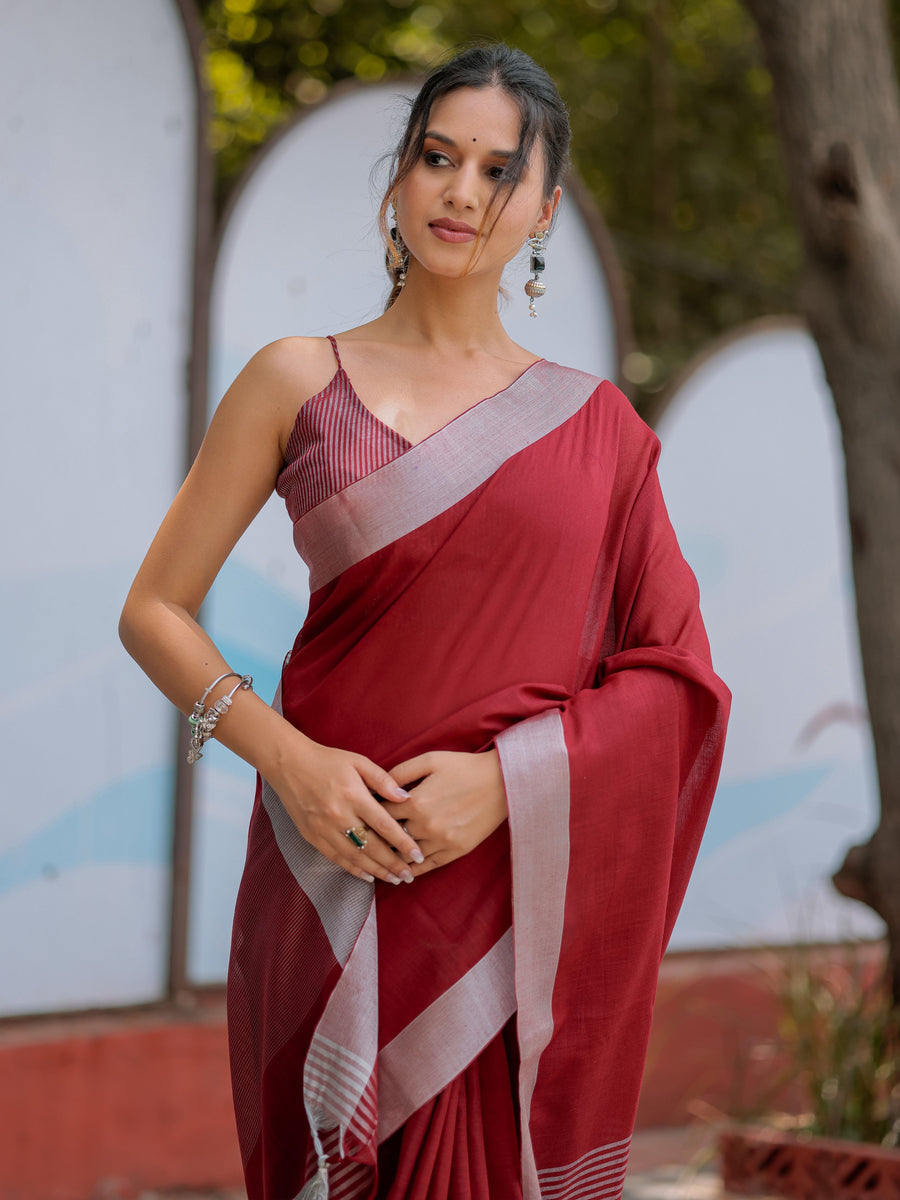 Wine Red Pure Handloom Cotton Saree with Silver Border & Tassel Detailing