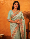 Mint Green Banarasi Silk Saree with Peacock Floral Embroidered Border & Zari Weaving | Festive & Wedding Wear Designer Saree