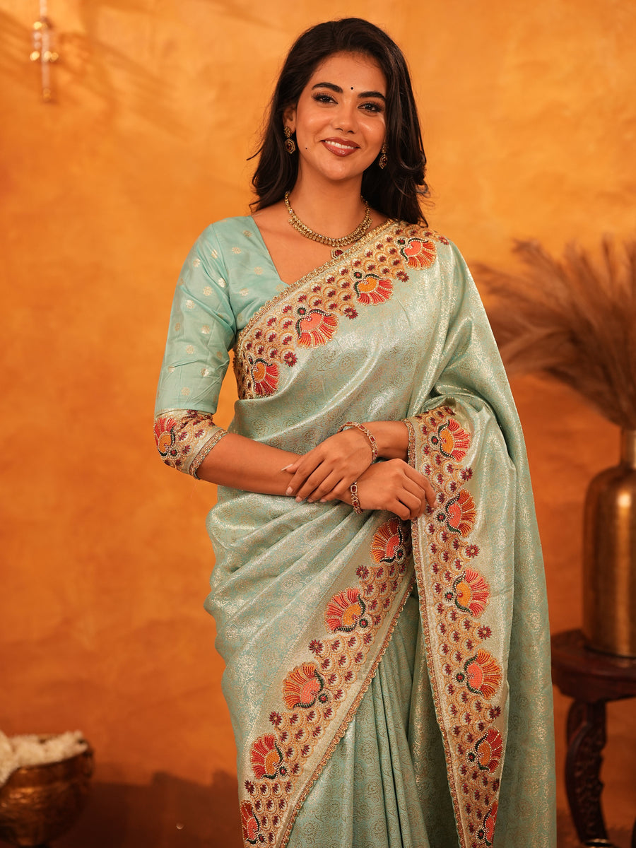 Mint Green Banarasi Silk Saree with Peacock Floral Embroidered Border & Zari Weaving | Festive & Wedding Wear Designer Saree