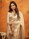 Champagne Gold Banarasi Silk Embroidered Saree with Paisley Border & Zari Weaving | Heavy Embroidered Blouse with Tassels | Wedding & Festive Wear Saree