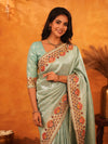 Mint Green Banarasi Silk Saree with Peacock Floral Embroidered Border & Zari Weaving | Festive & Wedding Wear Designer Saree