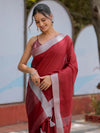 Wine Red Pure Handloom Cotton Saree with Silver Border & Tassel Detailing