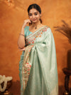 Mint Green Banarasi Silk Embroidered Saree with Multicolor Floral Border & Zari Weaving | Heavy Embroidered Blouse with Tassels | Wedding & Festive Wear Saree