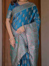 Royal Teal Blue Banarasi Silk Saree with Intricate Paisley Zari Weaving & Tassel Detailing