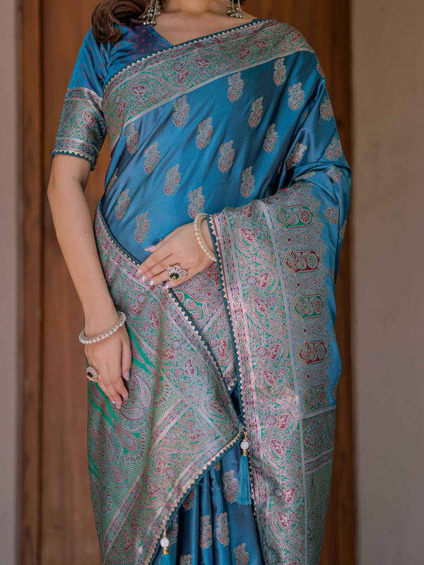 Royal Teal Blue Banarasi Silk Saree with Intricate Paisley Zari Weaving & Tassel Detailing
