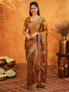 Antique Copper Brown Fendy Satin Embroidered Saree with Floral Border & Tassels | Designer Saree with Heavy Embroidered Blouse