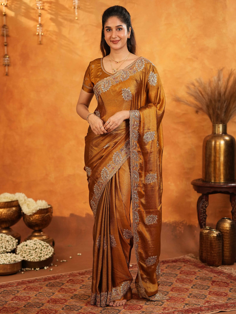 Antique Copper Brown Fendy Satin Embroidered Saree with Floral Border & Tassels | Designer Saree with Heavy Embroidered Blouse