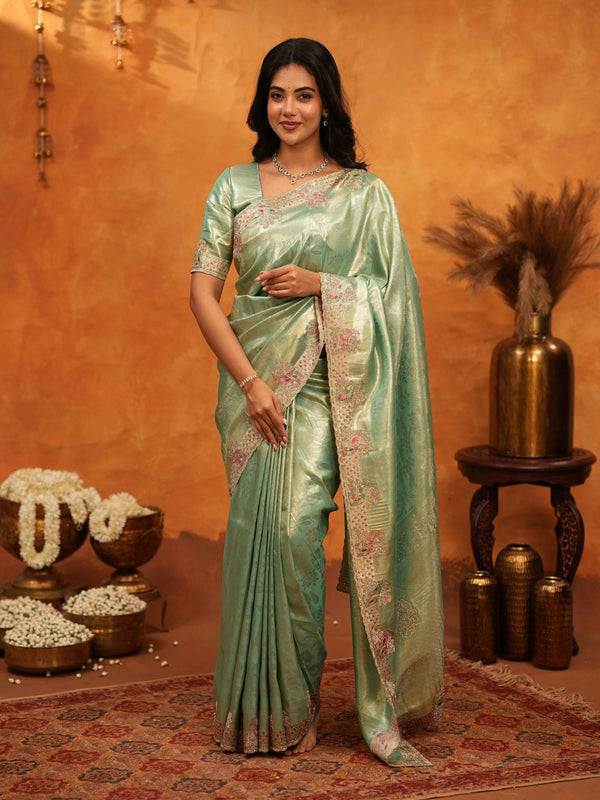 Mint Green Banarasi Silk Saree with Floral Embroidered Border & Zari Weaving | Designer Festive & Wedding Wear Saree