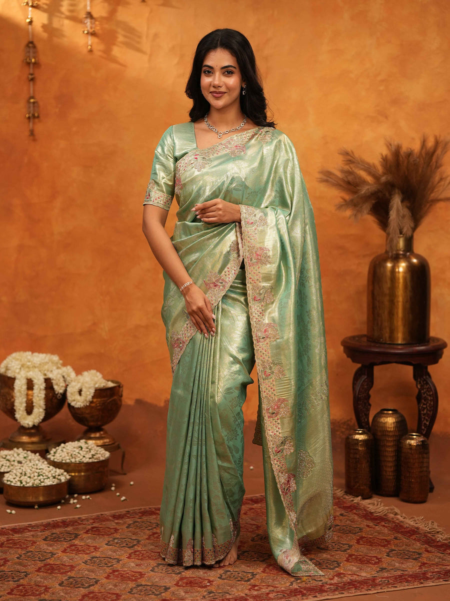 Mint Green Banarasi Silk Saree with Floral Embroidered Border & Zari Weaving | Designer Festive & Wedding Wear Saree
