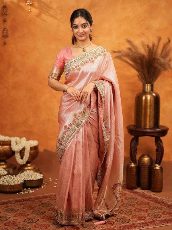 Blush Pink Banarasi Silk Embroidered Saree with Multicolor Floral Border & Zari Weaving | Heavy Embroidered Blouse with Tassels | Wedding & Festive Wear Saree