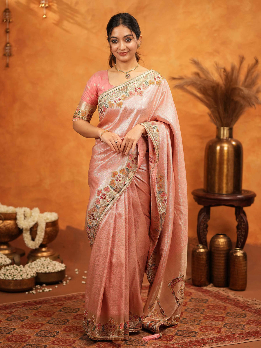 Blush Pink Banarasi Silk Embroidered Saree with Multicolor Floral Border & Zari Weaving | Heavy Embroidered Blouse with Tassels | Wedding & Festive Wear Saree