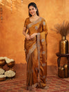 Antique Copper Brown Fendy Satin Embroidered Saree with Floral Border & Tassels | Designer Saree with Heavy Embroidered Blouse