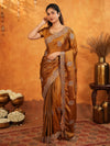 Antique Copper Brown Fendy Satin Embroidered Saree with Floral Border & Tassels | Designer Saree with Heavy Embroidered Blouse