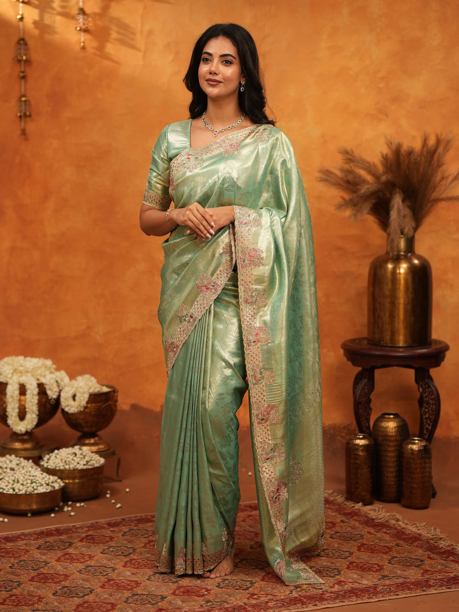 Mint Green Banarasi Silk Saree with Floral Embroidered Border & Zari Weaving | Designer Festive & Wedding Wear Saree