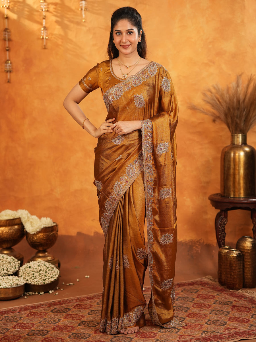 Antique Copper Brown Fendy Satin Embroidered Saree with Floral Border & Tassels | Designer Saree with Heavy Embroidered Blouse