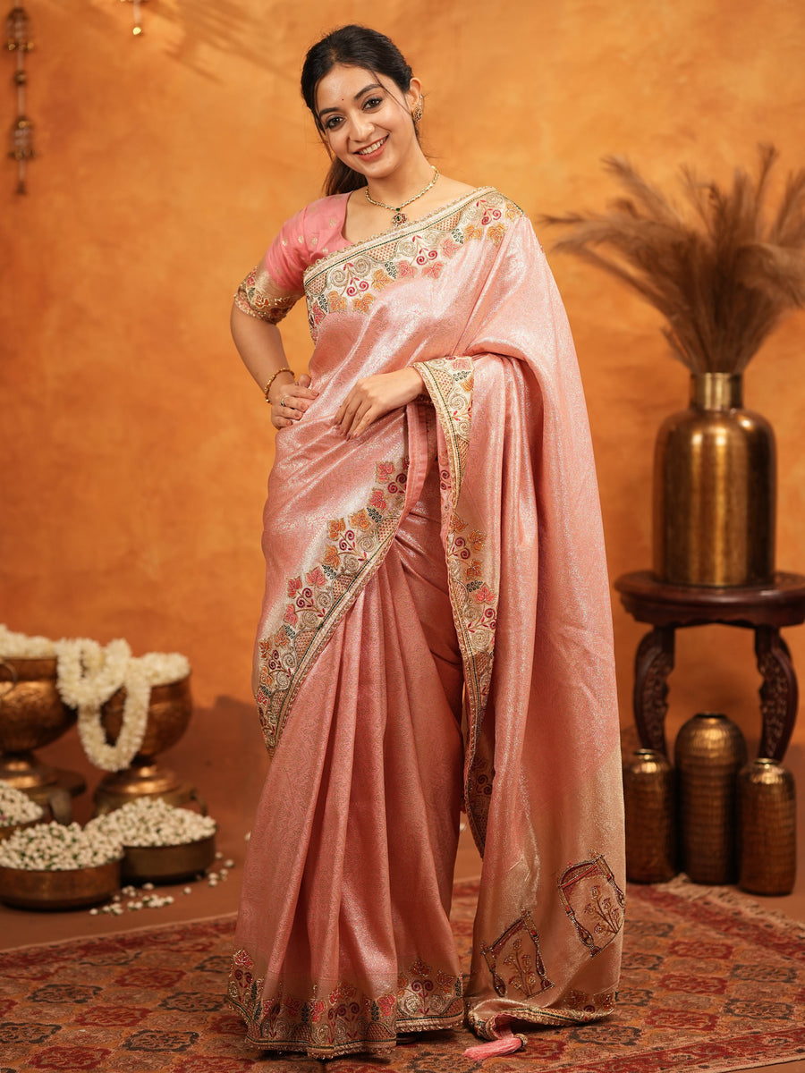 Blush Pink Banarasi Silk Embroidered Saree with Multicolor Floral Border & Zari Weaving | Heavy Embroidered Blouse with Tassels | Wedding & Festive Wear Saree