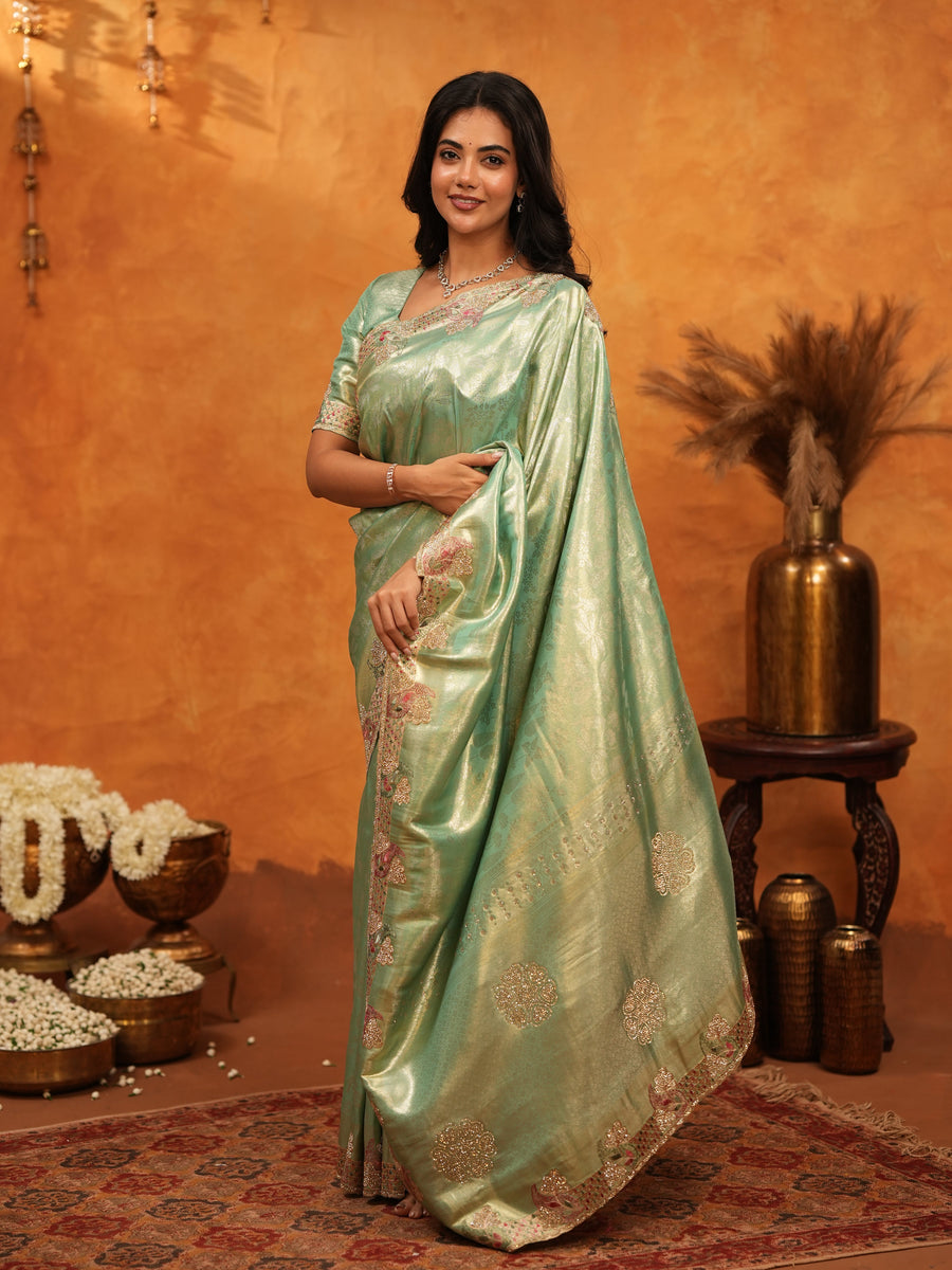 Mint Green Banarasi Silk Saree with Floral Embroidered Border & Zari Weaving | Designer Festive & Wedding Wear Saree