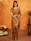 Antique Copper Brown Fendy Satin Embroidered Saree with Floral Border & Tassels | Designer Saree with Heavy Embroidered Blouse