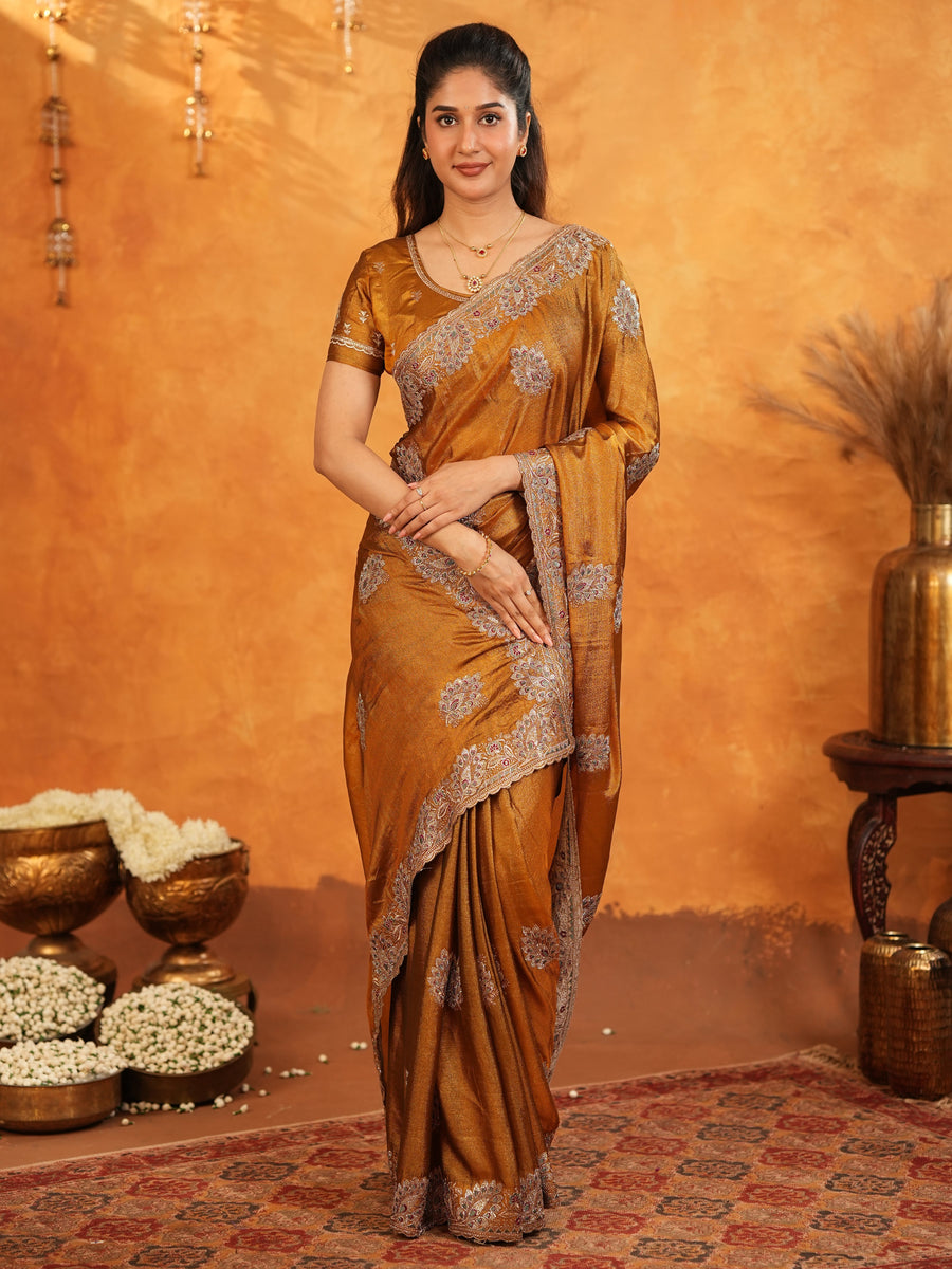 Antique Copper Brown Fendy Satin Embroidered Saree with Floral Border & Tassels | Designer Saree with Heavy Embroidered Blouse