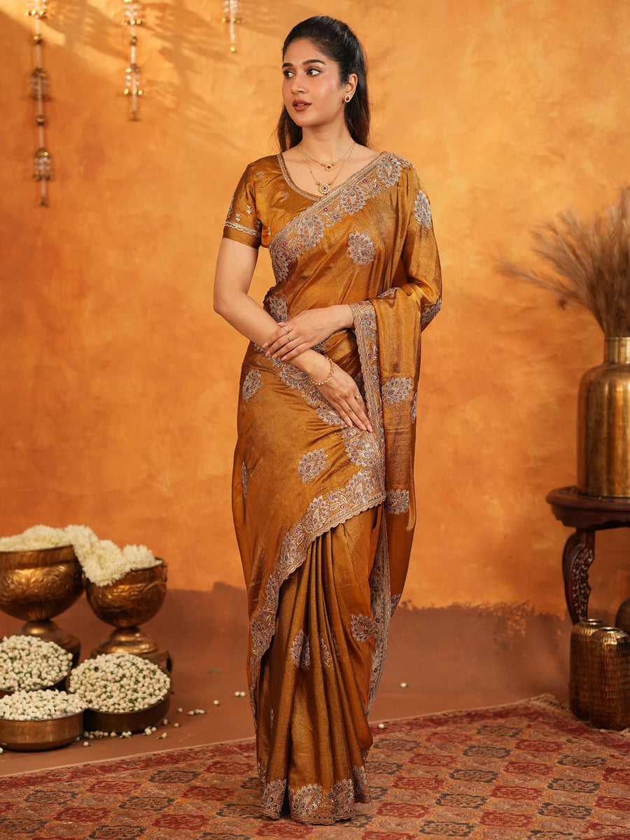 Antique Copper Brown Fendy Satin Embroidered Saree with Floral Border & Tassels | Designer Saree with Heavy Embroidered Blouse
